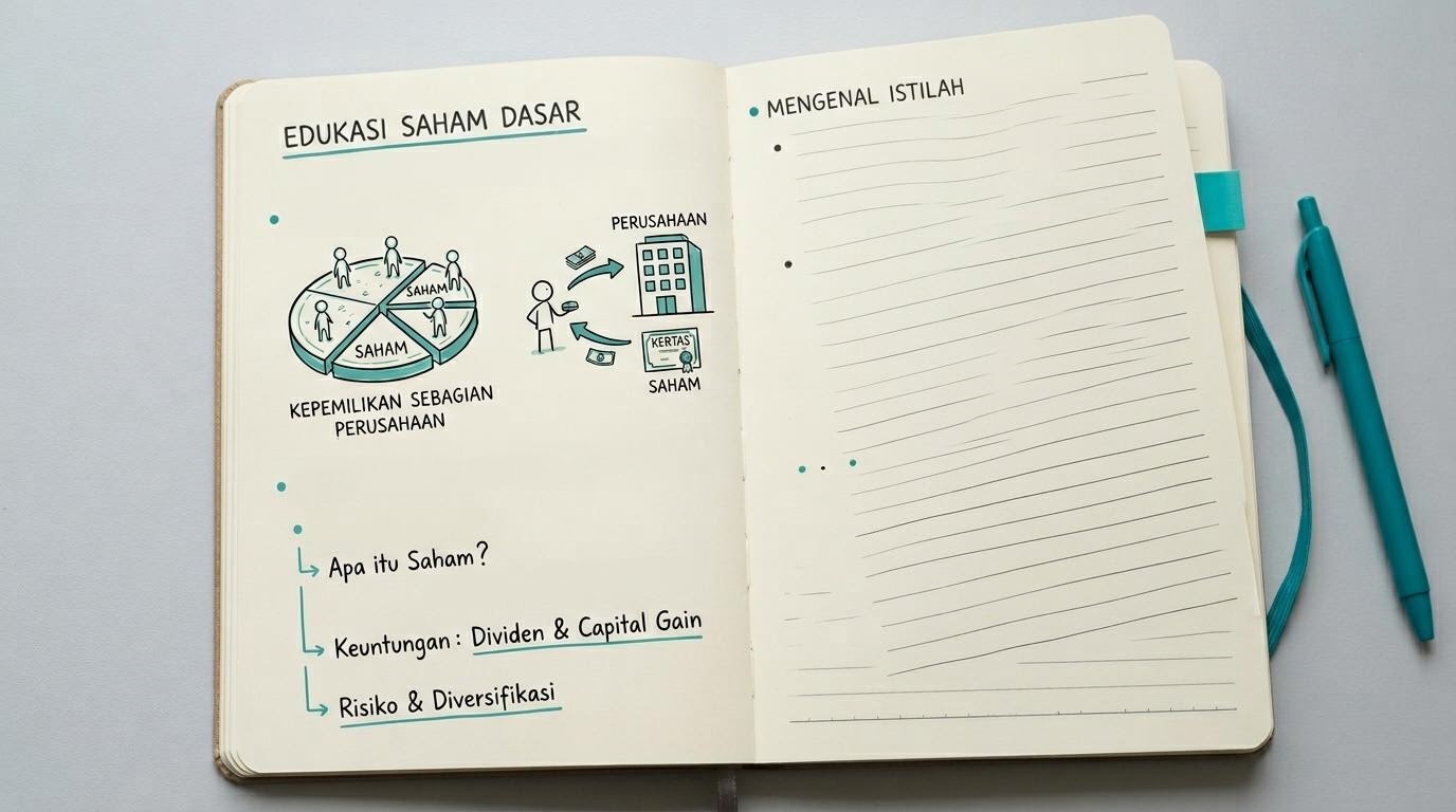 Buku catatan terbuka berisi sketsa konsep dasar saham dan istilah pasar modal