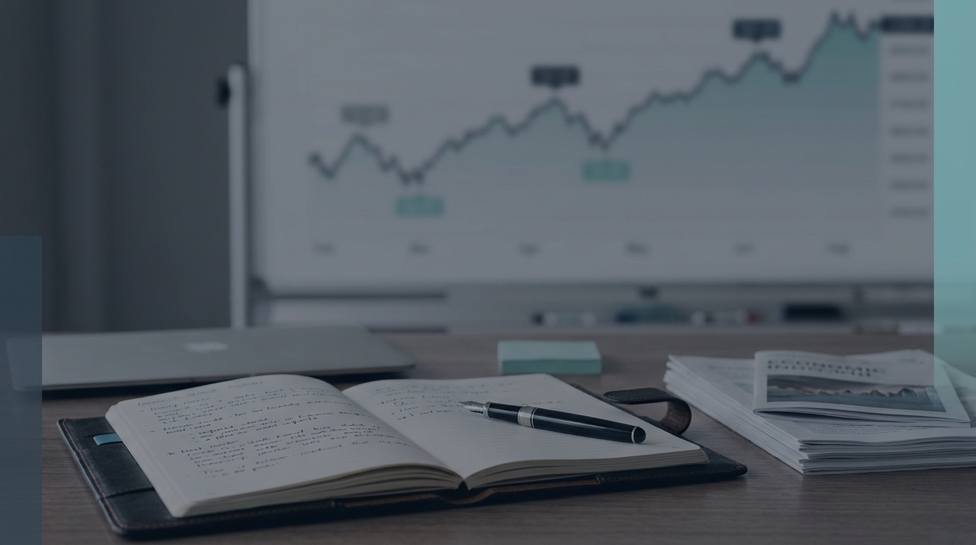 Meja kerja dengan buku catatan, papan grafik pergerakan indeks, dan layar data pasar modal IDX