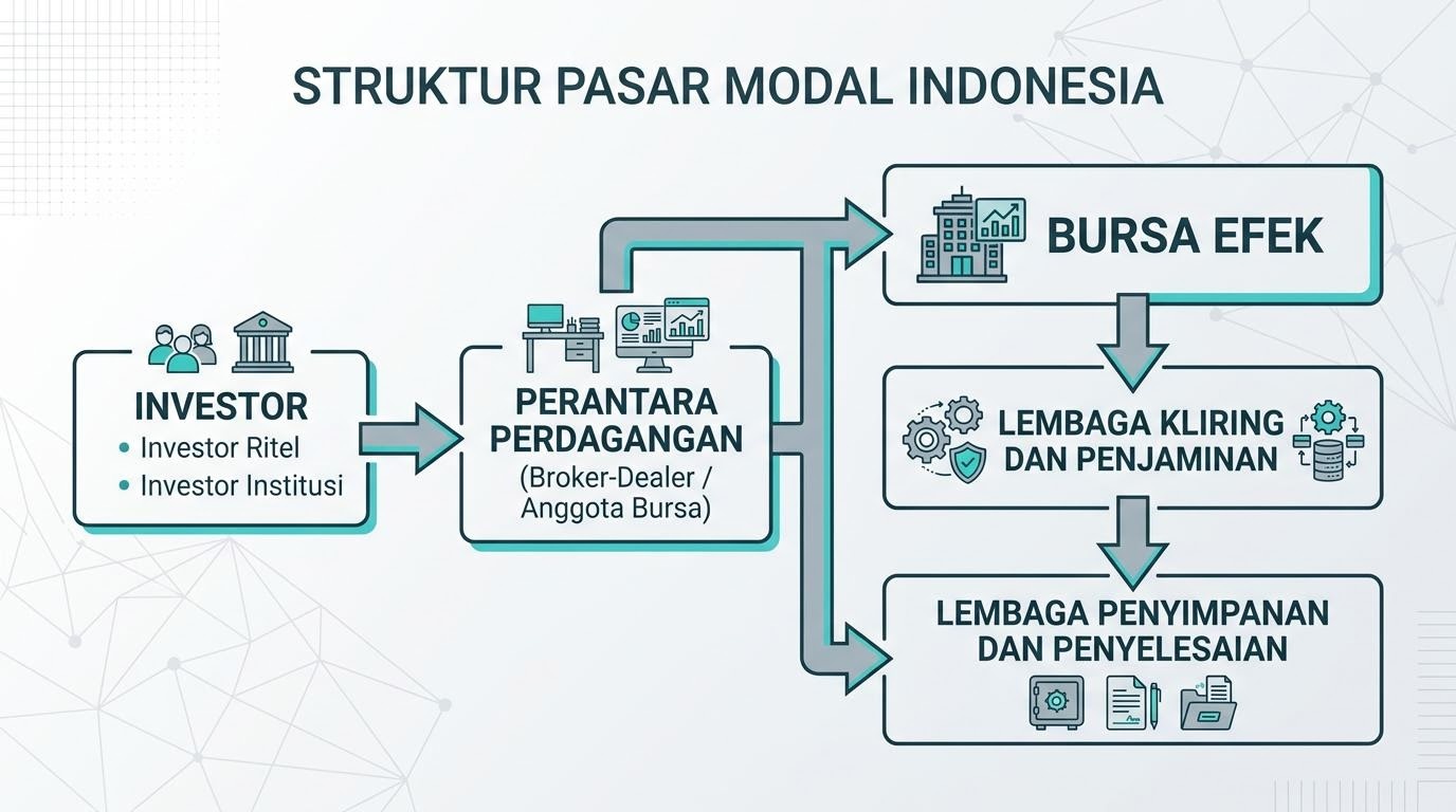 Diagram alur pelaku pasar modal, bursa efek, dan lembaga penunjang yang saling terhubung